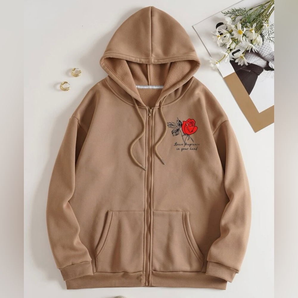 Floral and Slogan Graphic Zip Up Thermal Lined Drawstring Hoodie